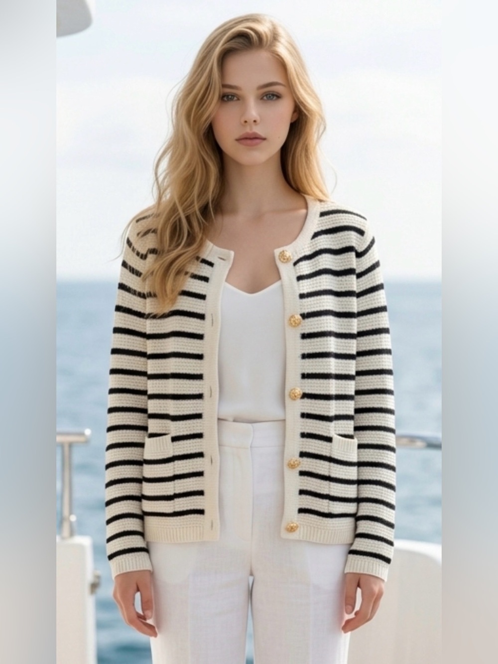 White and Black Striped Knit Cardigan Sweater
